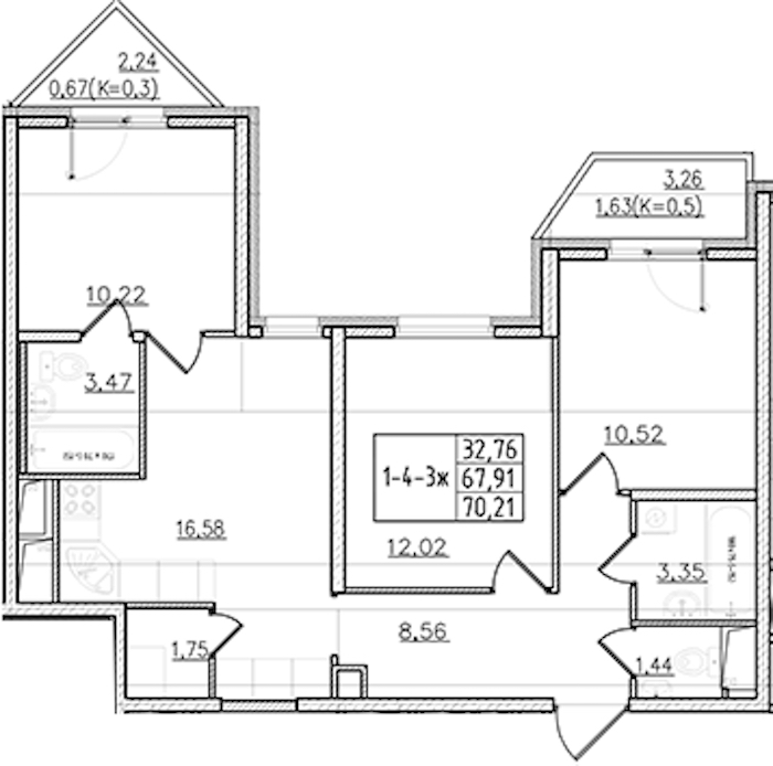 3-комнатная квартира 70.21 м², 16/19 эт., ЖК «Мурино Клаб»
